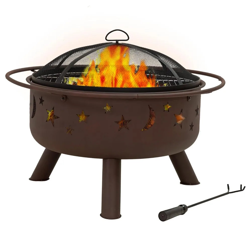 30-Inch Patio Fire Pit for Outside - Outdoor Wood-Burning Fire Pit with Grill Grate, Spark Screen, and Fireplace Poker