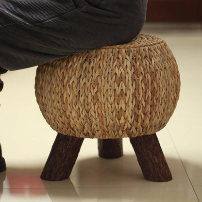 Pastoral Country Style Tea Room Grass Woven Rattan Stool Solid Wood round Seat Low Bench for Relaxed Seating Fashionable Shoe St