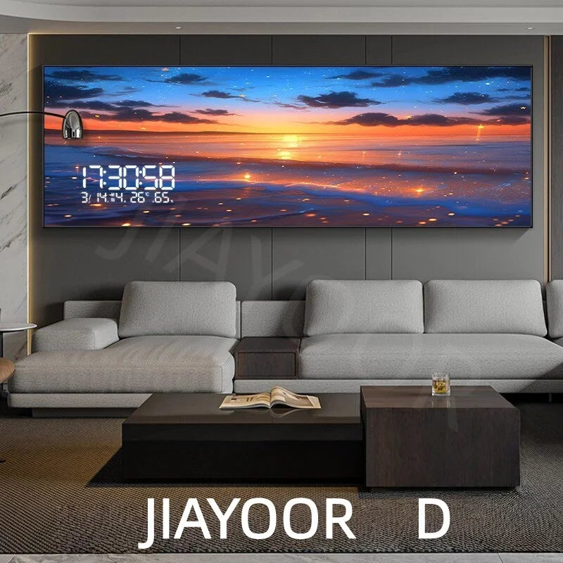 Modern Ocean Living Room Decoration Painting Led Electronic Clock Bedroom Bedhead Sofa Background Wall Wave Wall Light Lustre