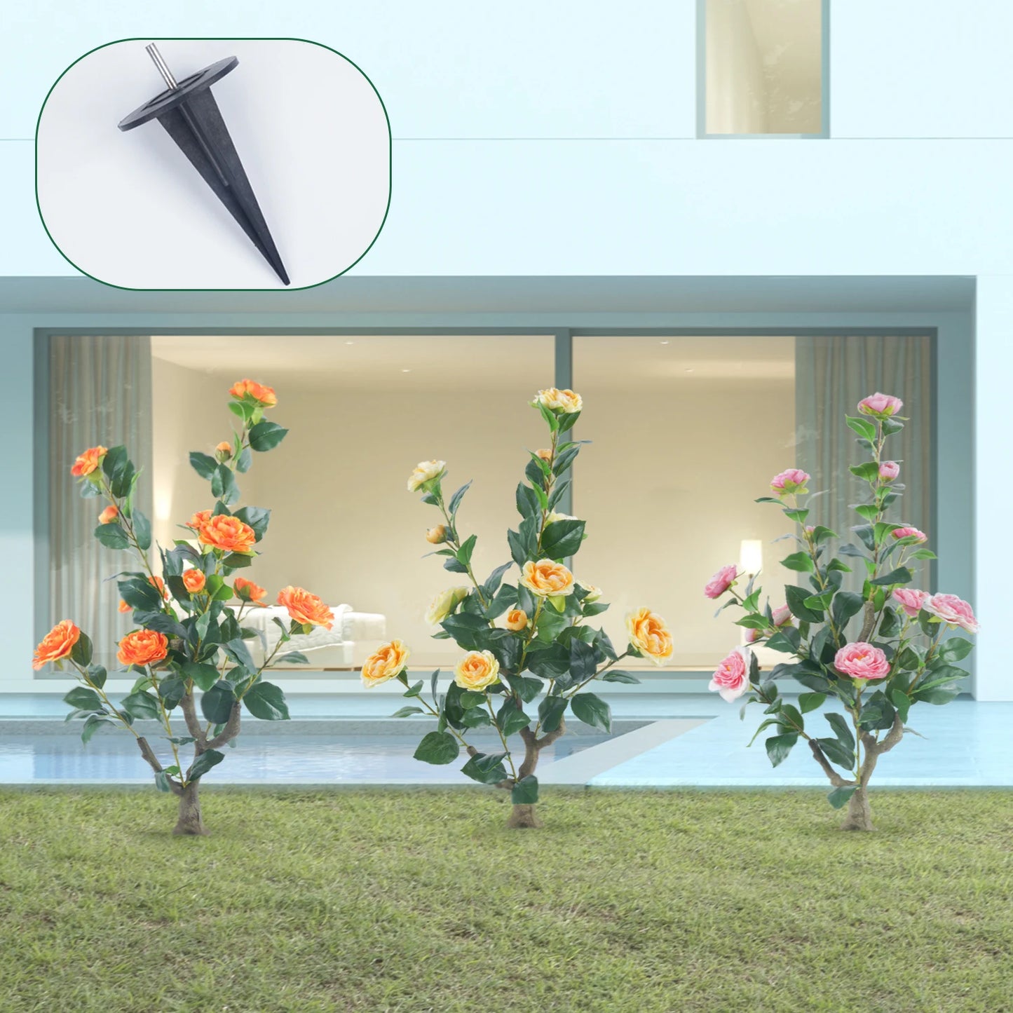 85cm Camellia Topiary Tree with Pot/Spike Realistic Fake Flower Plant Indoor Outdoor Faux Bonsai for Home Garden Office Decor
