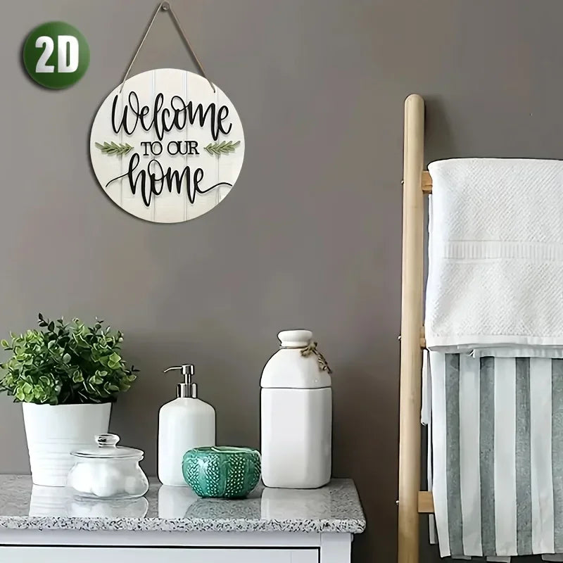 1pc Rustic Wooden Welcome Sign - "Welcome to Our Home" Round Wall Decor with Green Leaf Accents for Front Door, Porch, Living Ro