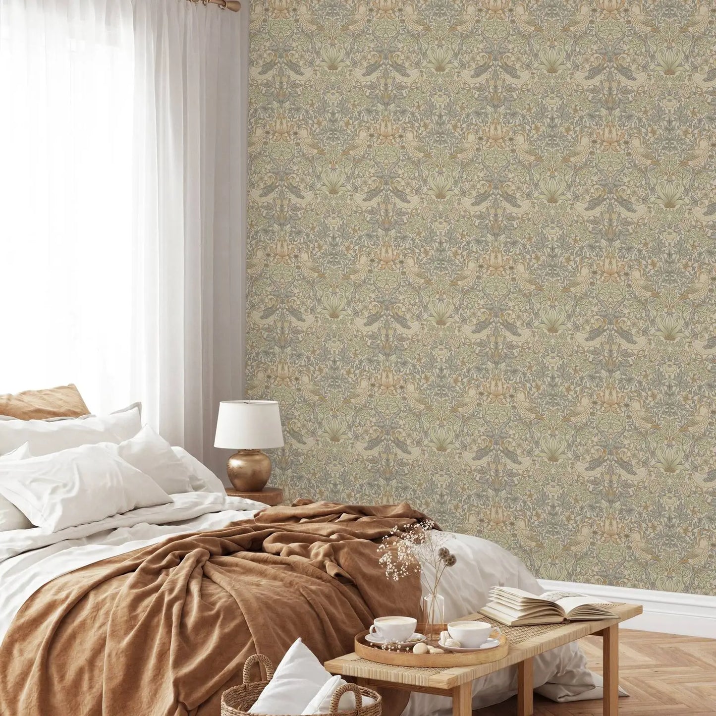 Natural Strawberry Thief Wallpaper, William Morris ,Removable Peel and Stick Wallpaper, Non-wowen Wallpaper,Wall Art Paper