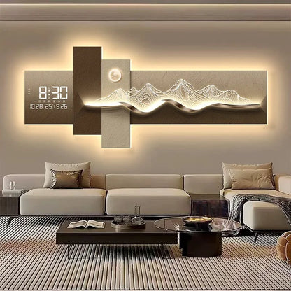 Modern Living Room Decoration Painting With Mountain Backed Led Clock Wall Lamp Painting Sofa Background Wall Hanging Painting