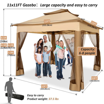 11x11 Pop Up Gazebo One-Push Canopy Tent with Mosquito Nettings, 10x10 Outdoor Canopy Shelter with Double Roof Ventiation