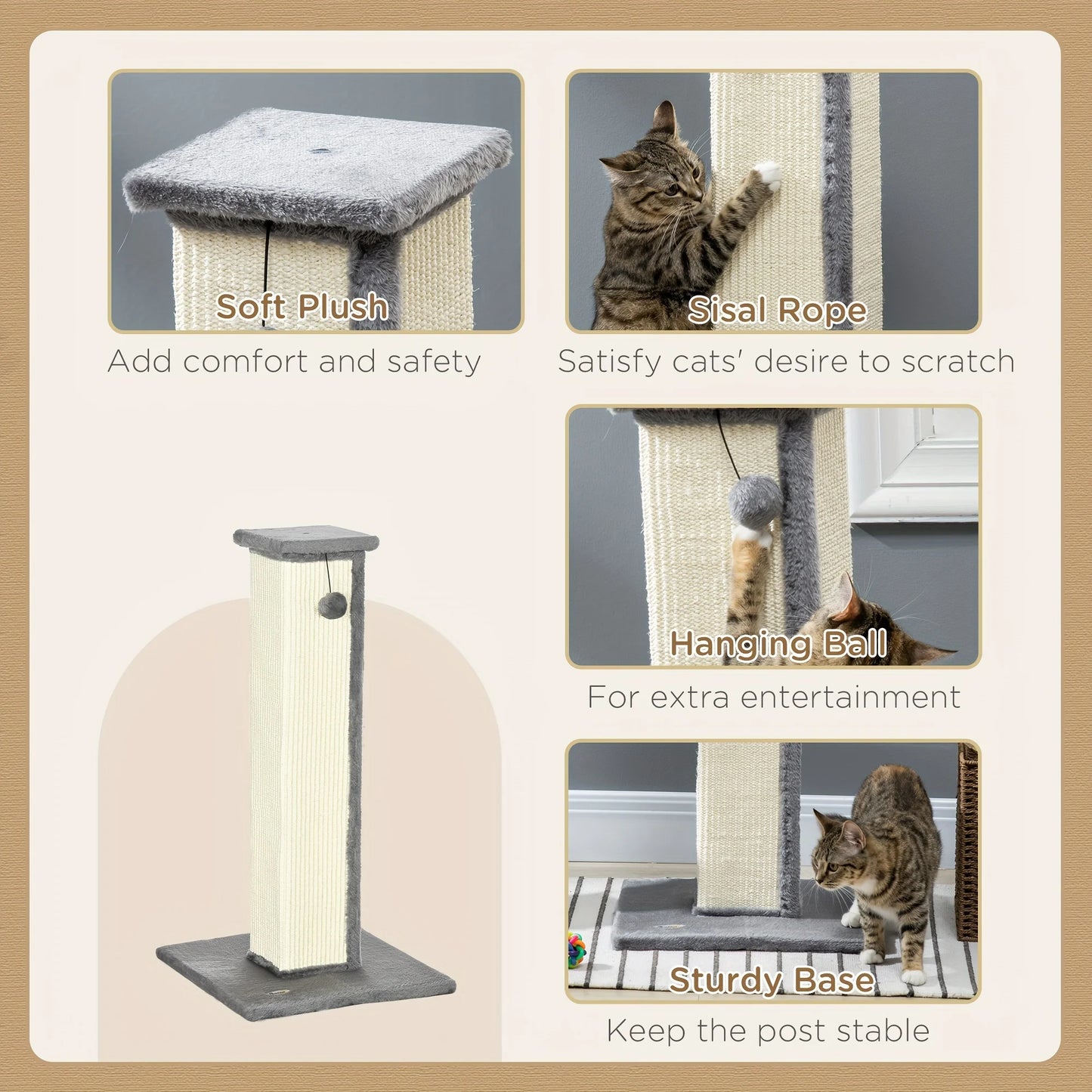 32" Tall Sisal Cat Scratching Post, PawHut Vertical Claw Scratcher For Indoor Cats And Kittens With Hanging Ball And Soft Plush