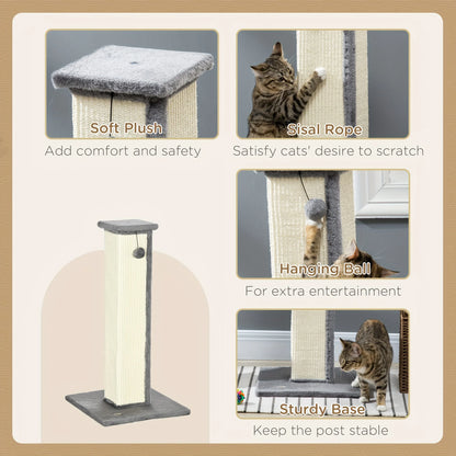 32" Tall Sisal Cat Scratching Post, PawHut Vertical Claw Scratcher For Indoor Cats And Kittens With Hanging Ball And Soft Plush