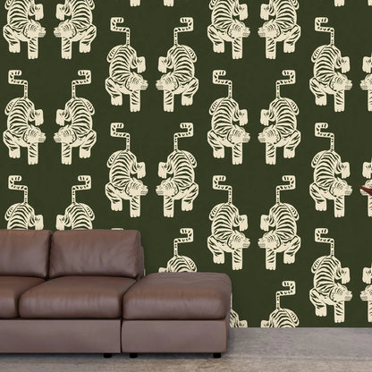 Peel and Stick Olive Green Tiger Wallpaper,Vintage Aztec Tiger Wallpaper,Retro Self adhesive Or Tradition Non-woven Animal Paper
