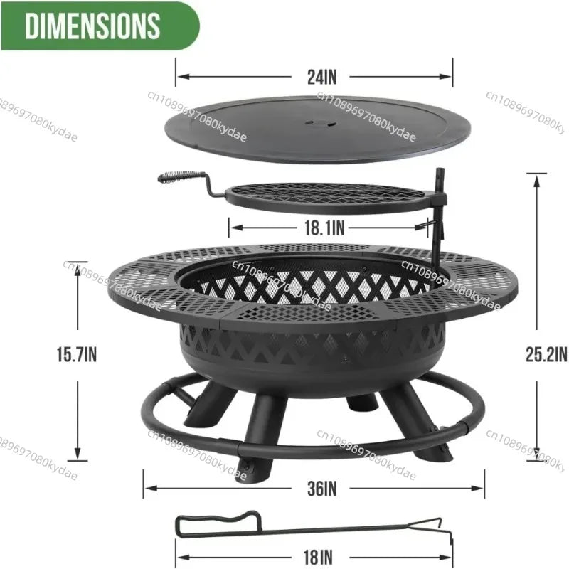 36 Inch Wood Burning Fire Pit with Grill: Outdoor Fire Pits with Lid & Fire Poker  3 in 1 Round Metal Firepit Table With
