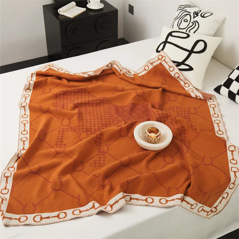 Luxury Horse Knitted Blanket Gray Bedspread Modern Orange Decorative For Sofa Throw Warm Living Room Bedding Home Decorations