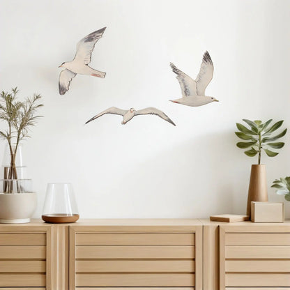 3Pcs Wall Birds Decor - Handmade Wood Seagull Art - Seaside Nautical Ornament for Mediterranean Style Living Area