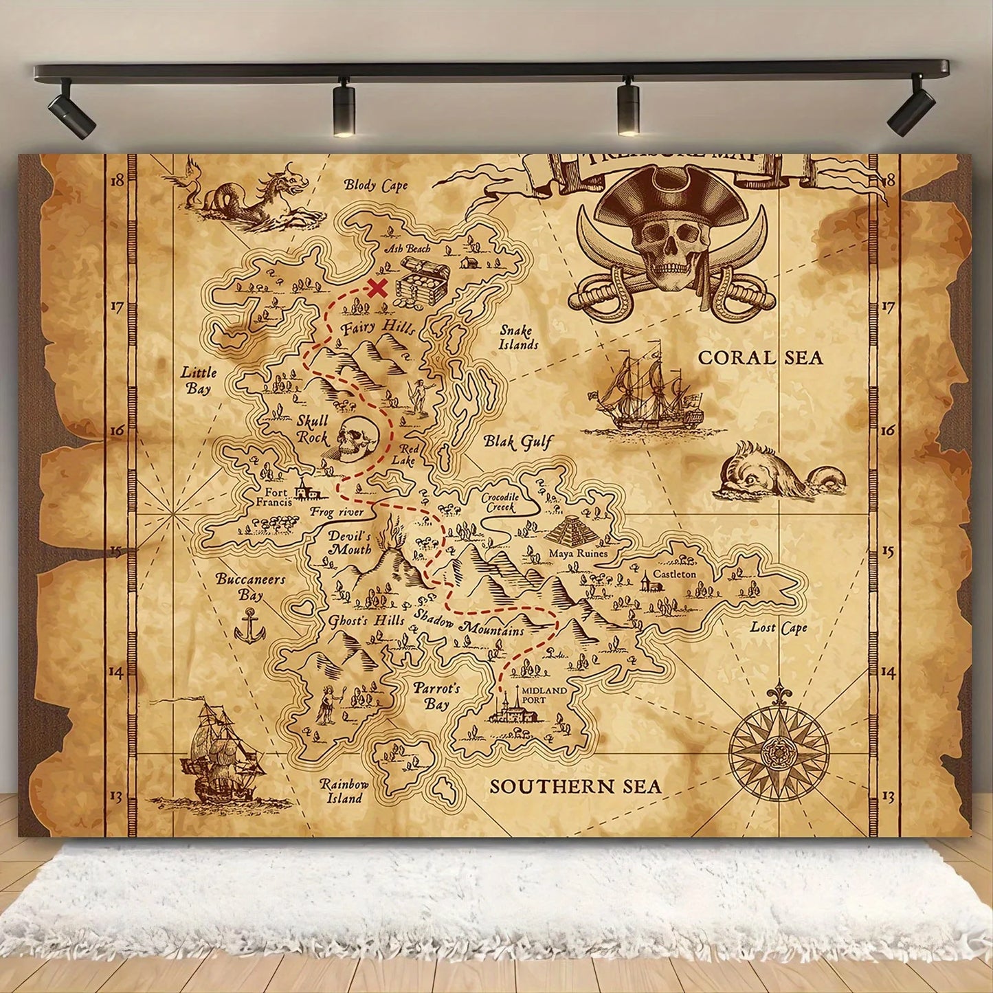 Pirate Treasure Map Background - Multi-functional party decoration suitable for theme events and game rooms, polyester fabric