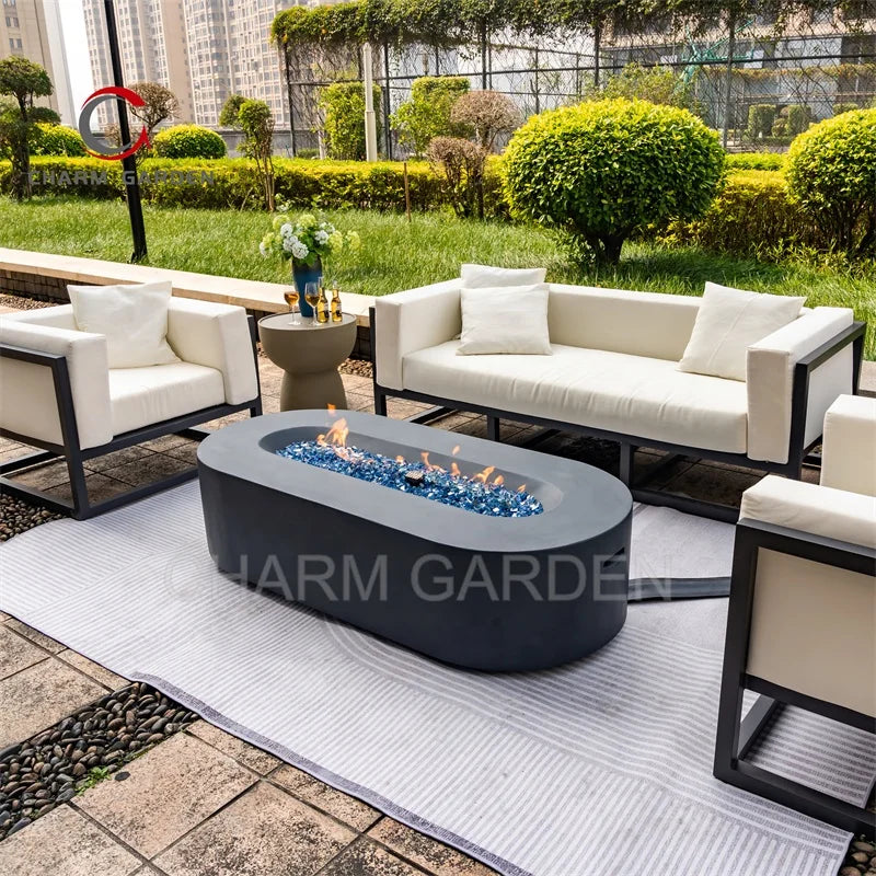 High Quality Outdoor Garden Furniture Set Comfortable Durable Concrete Oval Shape Fire Pit Table With Certification