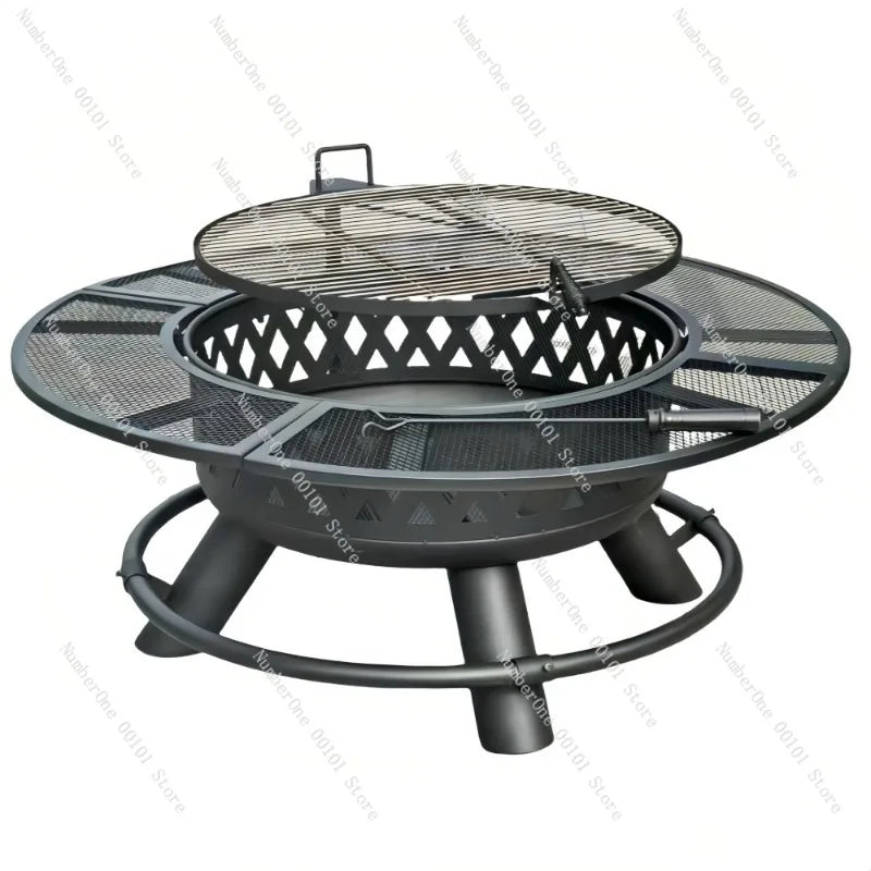 Outdoor BBQ Grill Firewood Heating Stove Patio Fire Pit Table Integrated Charcoal Braai Rack Backyard Campfire Tea Brewing Set