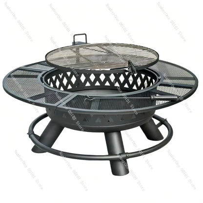 Outdoor BBQ Grill Firewood Heating Stove Patio Fire Pit Table Integrated Charcoal Braai Rack Backyard Campfire Tea Brewing Set