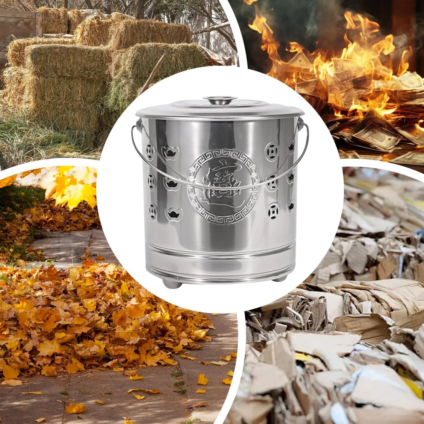 Burn Can for Paper Paper Burner Portable Stainless Cage with Lid Fire Hook And Liner Safe for Patio Garden Balcony Deck Beach