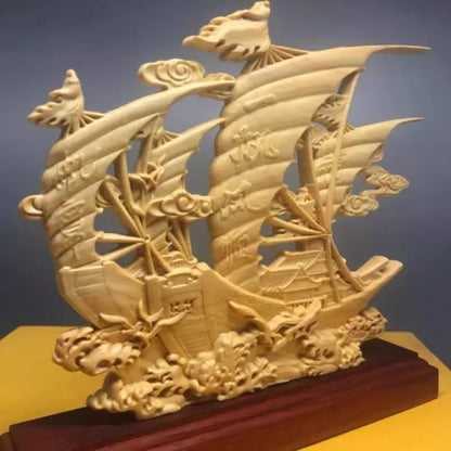 Boxwood Carved "Smooth Sailing" Boat Sculpture Auspicious Blessing for Home Office Decor