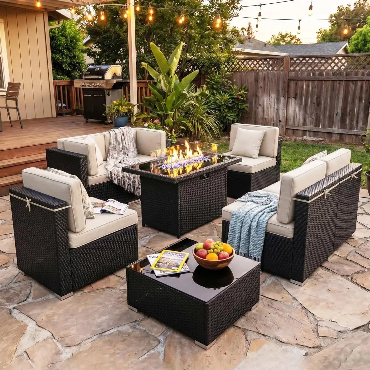 8 Pieces Patio Furniture Set with 44" Propane Gas Fire Pit Table, Outdoor Sectional Wicker Conversation Sofa Sets, Customized