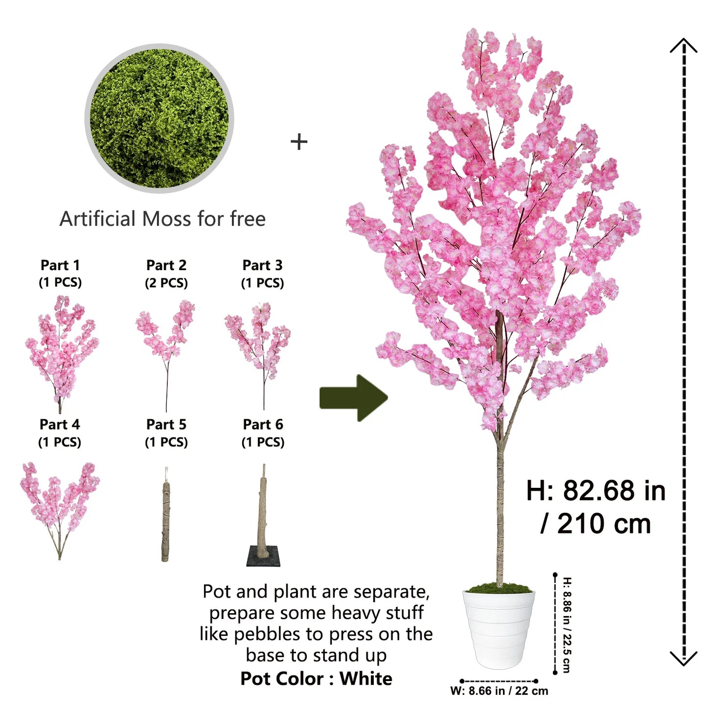 160-210cm/6.9ft Artificial Cherry Blossom Tree Plant Indoor Outdoor Ornament Fake Plant for Home Wedding Party Living Room Decor