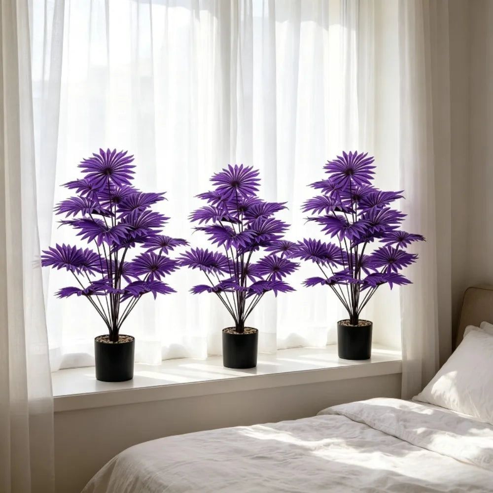 3pc Simulation Artificial Plant Purple Palm Fake Tree Green Plant with 36Leaves Niversal Indoor/Outdoor Display in All Seasons