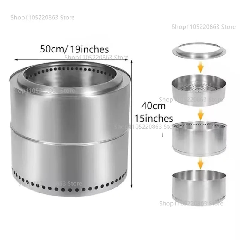 19 Inch Stainless Steel Fire Pit Collapsible BBQ Smokeless Outdoor Heating Wood Burning Stove for Patio Furniture Garden