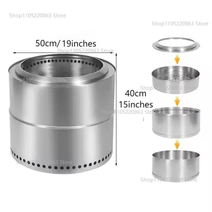 19 Inch Stainless Steel Fire Pit Collapsible BBQ Smokeless Outdoor Heating Wood Burning Stove for Patio Furniture Garden