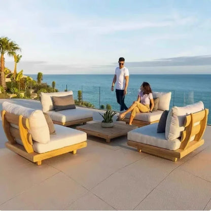 Patio Sofa Set, Made of Imported Teak Wood, Outdoor-grade Waterproof Fabric, Crack-resistant, Suitable for Outdoor Use.