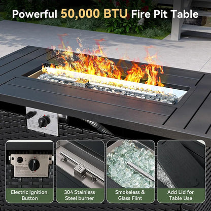 #7pc Patio Set Fire Pit Table Wicker Ottomans Rattan Sectional Cushions Cover Navy, Customized