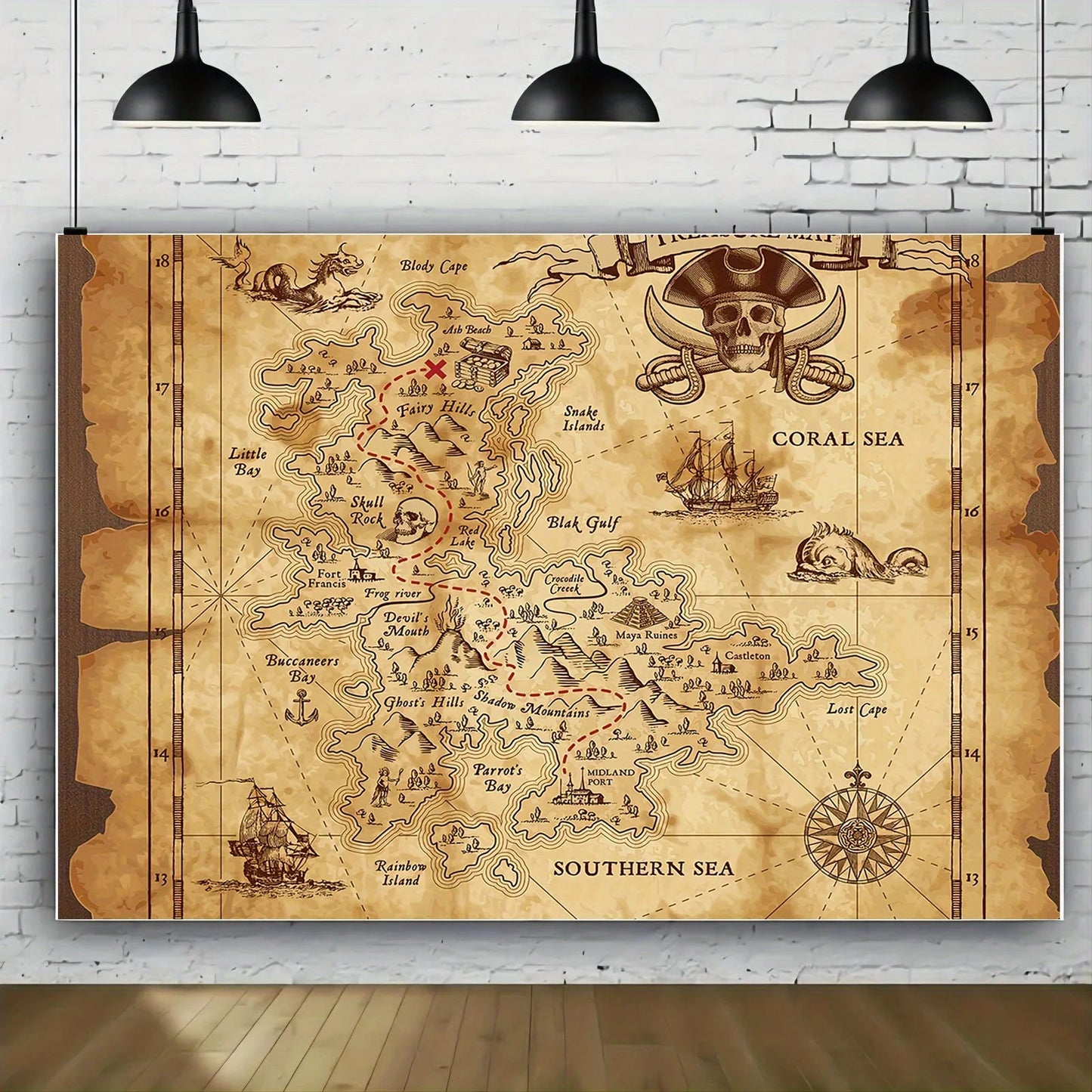 Pirate Treasure Map Background - Multi-functional party decoration suitable for theme events and game rooms, polyester fabric