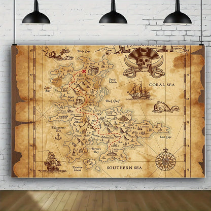 Pirate Treasure Map Background - Multi-functional party decoration suitable for theme events and game rooms, polyester fabric