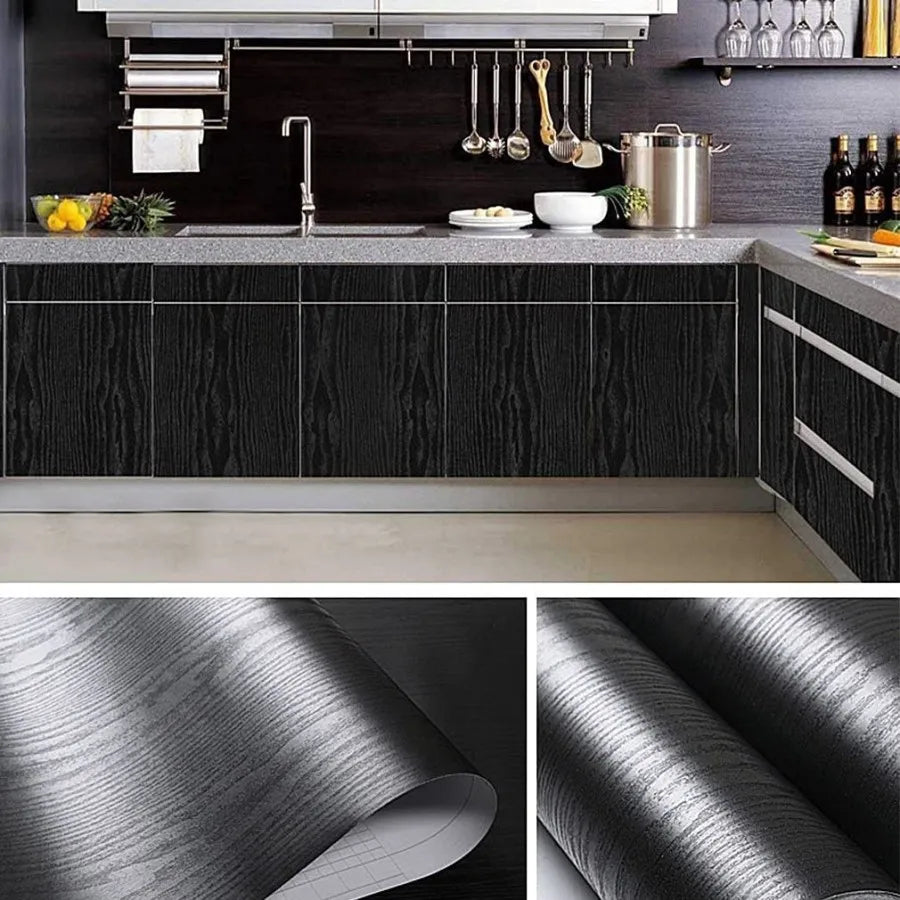 Black Wood Wallpaper - 23.6 Inch Peel and Stick Self Adhesive Wallpaper For Wall Countertop Cabinet Home Decoration Roll