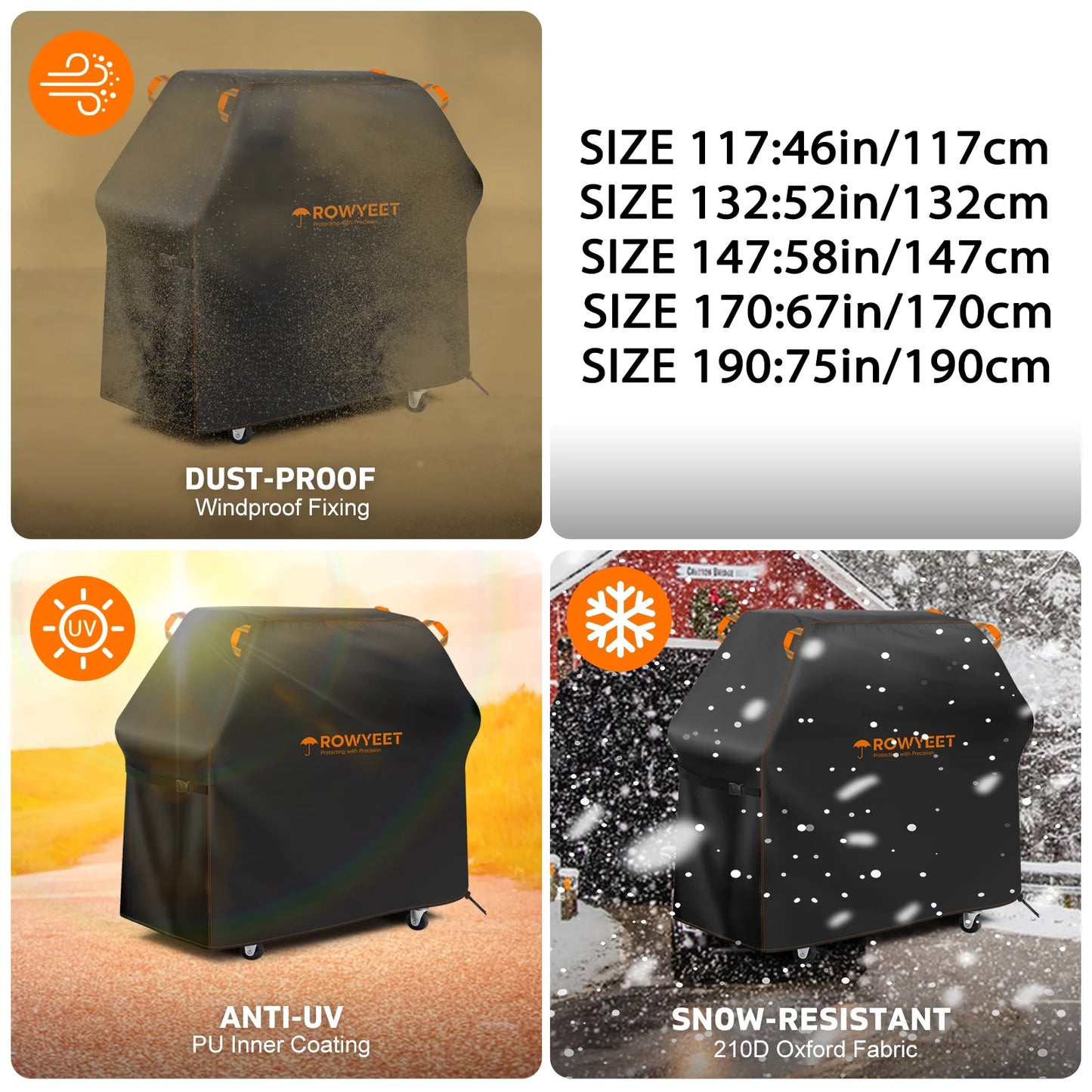[Ry-210 Orange Line Bbq Cover] Rowyeet Outdoor Bbq Grill Cover, Waterproof and Uv-Resistant Gas Grill Cover, with Adjustable Hem, Suitable for Brands Such as Weber, Nexgrill, Expert Grill.