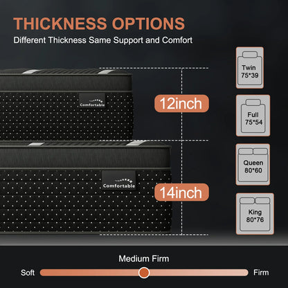 12/14inch Hybrid Gel Memory Foam Mattress with Pocket Spring Medium Firm Motion Isolation Twin Full Queen King Mattress in a Box
