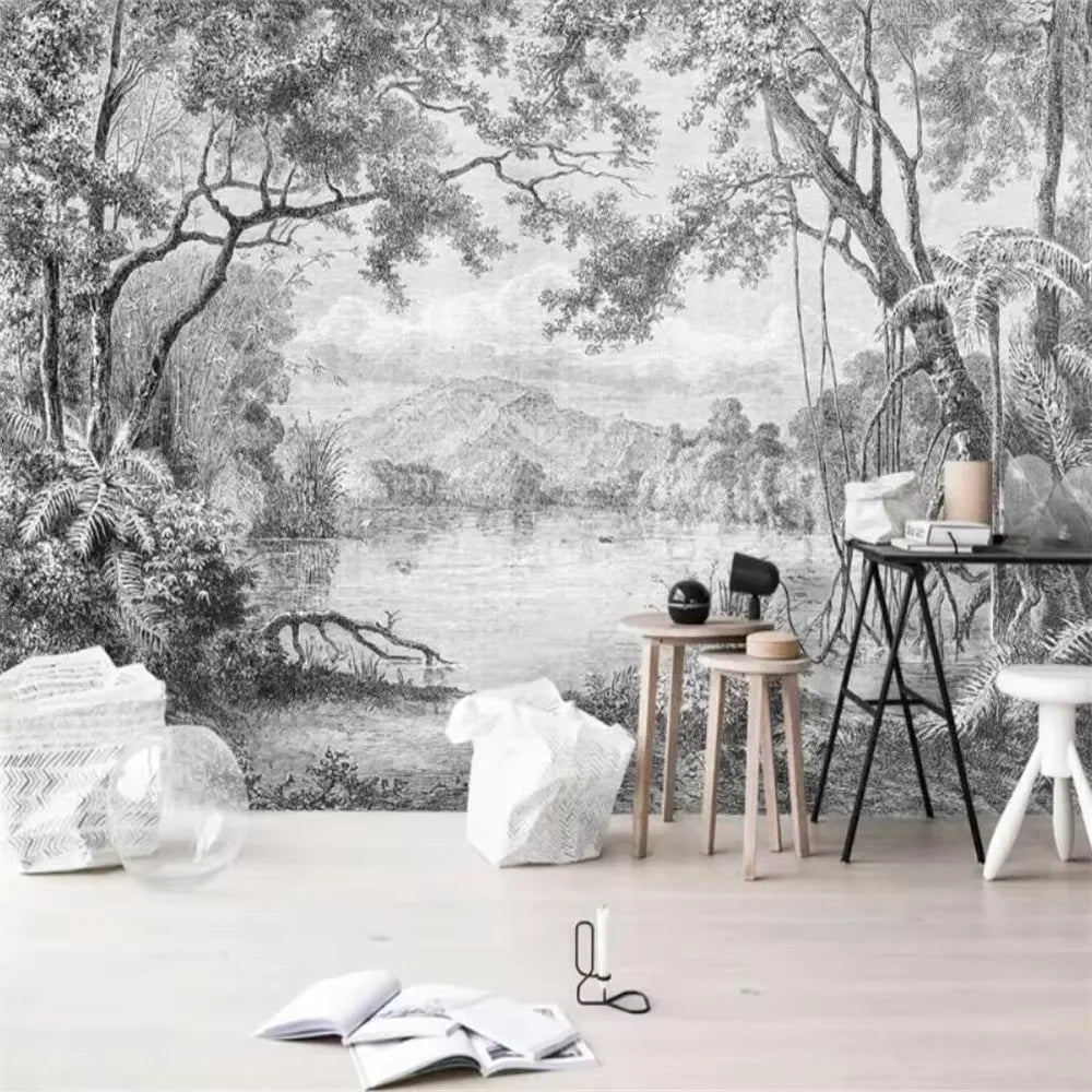 custom European landscape wallpapers oil painting TV background American retro restaurant wallpaper living room big tree mural