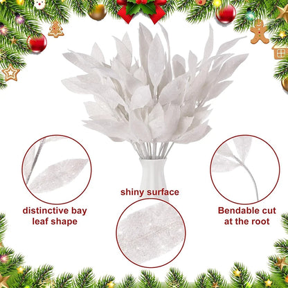 5Pcs Christmas Decoration Glitter Artificial Leaves Bouquet Xmas Tree for Home Decor DIY Wreath Crafts Gift Garland Accessories