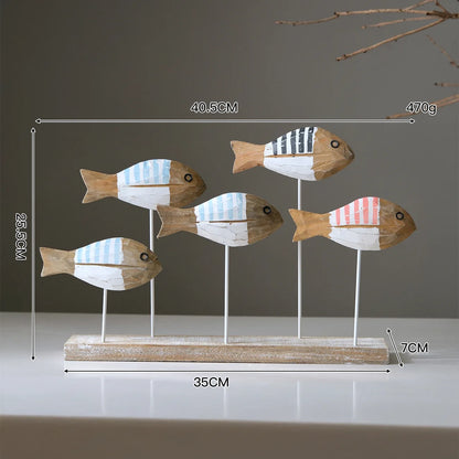 Retro Mediterranean Style 3D Wooden Shoal of Fish DecorationsHand Carving Ocean Desktop Crafts Ornaments DIY Bar Cafe Home Decor