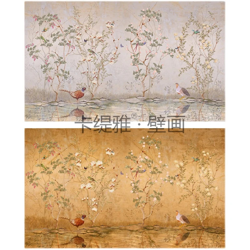 Customized products flower and bird wallpaper new Chinese pastoral flower living room bedroom sofa background wall hotel mural