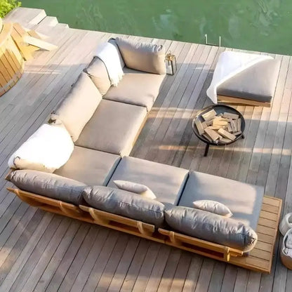Patio Sofa Set, Made of Imported Teak Wood, Outdoor-grade Waterproof Fabric, Crack-resistant, Suitable for Outdoor Use.