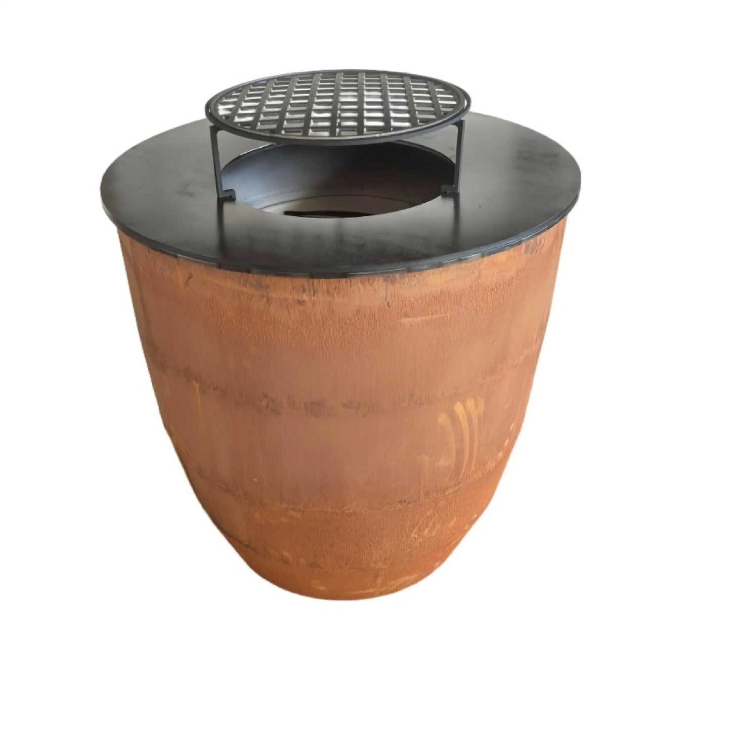 Deep Egg Shape Wood Fire Brazier With Cooking Plancha Modern Outdoor Garden BBQ Grill Corten Steel Backyard Fire Pit