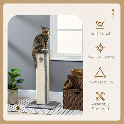 32" Tall Sisal Cat Scratching Post, PawHut Vertical Claw Scratcher For Indoor Cats And Kittens With Hanging Ball And Soft Plush