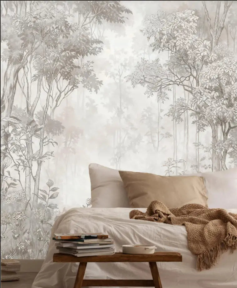 Customized French Wallpaper TV Background Wall Wallpaper Hand Drawn Black and White Forest Living Room Bedroom Papier Peint