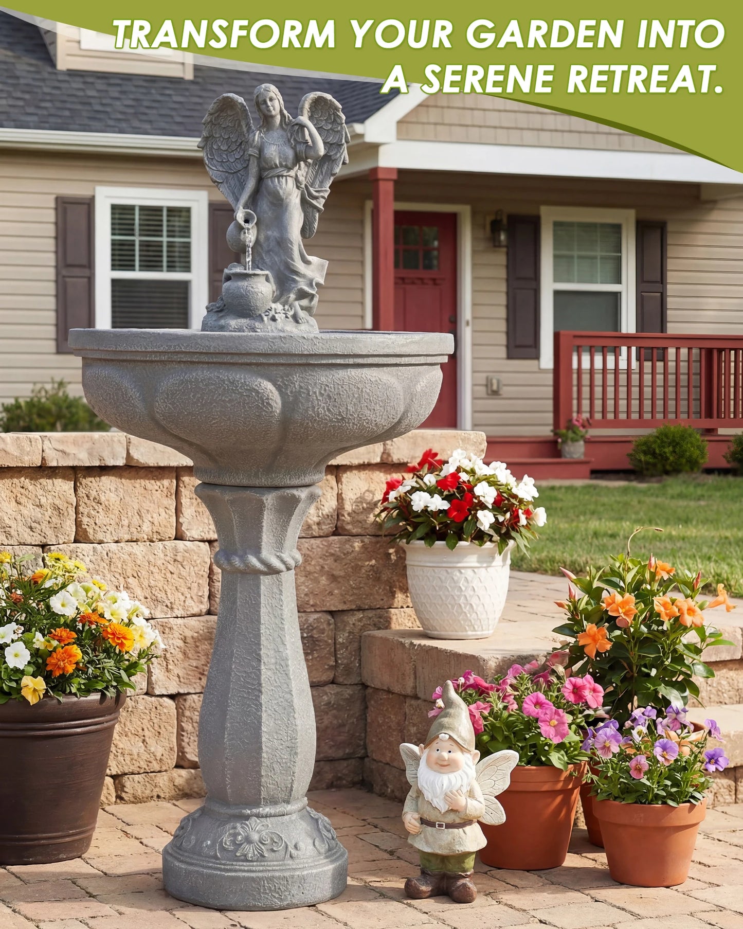 Outdoor Water Fountain, 37" High Cascading Waterfall Fountain with Whisper-Quiet Pump, Large Cascading Freestanding Resin Founta