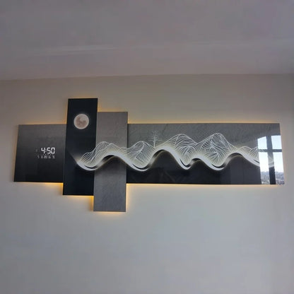 Modern Living Room Decoration Painting With Mountain Backed Led Clock Wall Lamp Painting Sofa Background Wall Hanging Painting