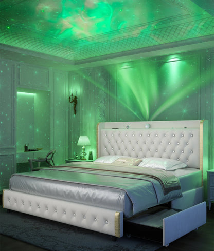 Queen LED Bed Frame with Galaxy Projector, Bluetooth Speaker, USB Ports, 4 Drawers, No Box Spring Needed, PU Black