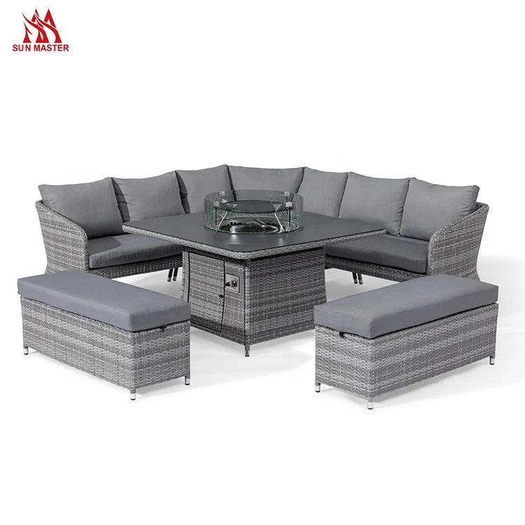 Modern Patio Furniture Outdoor Garden Sofa with Firepit Table Courtyard Hotel Corner Rattan Wicker Terrace Sofas