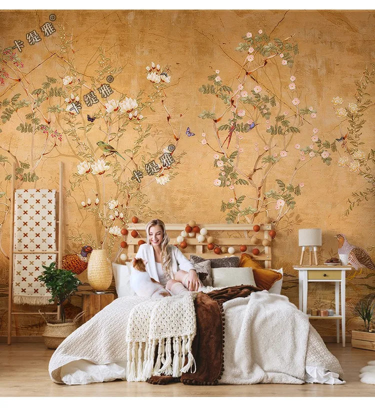 Customized products flower and bird wallpaper new Chinese pastoral flower living room bedroom sofa background wall hotel mural
