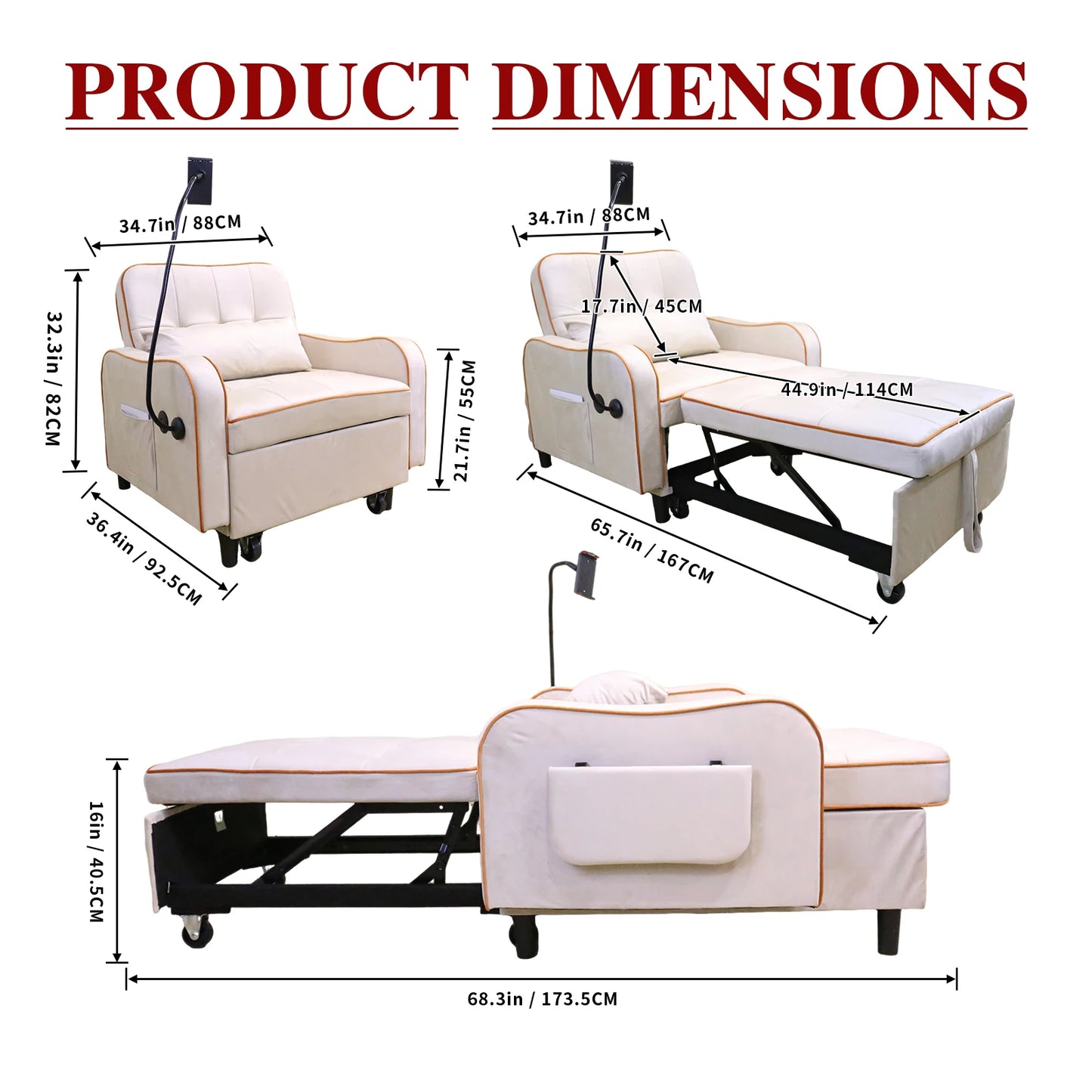 3 in 1 Convertible Sofa Chair, Pull Out Sleeper Sofa Bed with Moving Wheels, Phone Holder, USB Port, Wing Table, Sofa Bed with Adjustable Backrest for Living Room, Bedroom