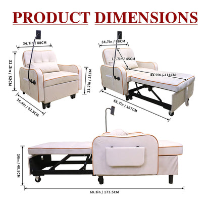 3 in 1 Convertible Sofa Chair, Pull Out Sleeper Sofa Bed with Moving Wheels, Phone Holder, USB Port, Wing Table, Sofa Bed with Adjustable Backrest for Living Room, Bedroom