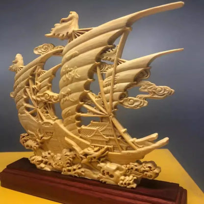Boxwood Carved "Smooth Sailing" Boat Sculpture Auspicious Blessing for Home Office Decor