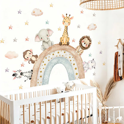 Forest Animals Rainbow Wall Stickers for Kids Rooms Children Boys Girls Baby Room Decoration Nursery Wallpaper Giraffe Elephant
