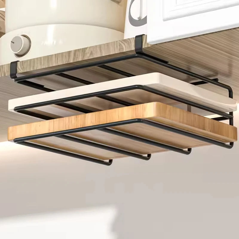 Under Cabinet Kitchen Organizer Rack Hooks Multi-Purpose Storage Shelf Portable Storage For Paper Towel Cutting Board Pot Lids